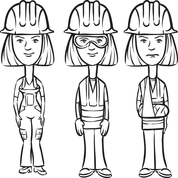 ホワイト ボード描画 Hardhats つの漫画の女性労働者 — ストックベクタ