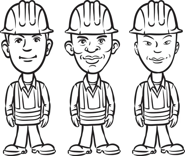 Disegno Lavagna Tre Lavoratori Dei Cartoni Animati Varie Etnie — Vettoriale Stock