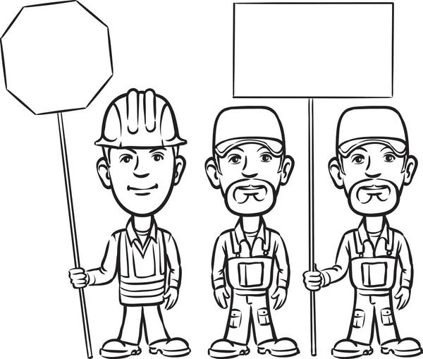 Disegno Lavagna Tre Lavoratori Dei Cartoni Animati Con Segni — Vettoriale Stock