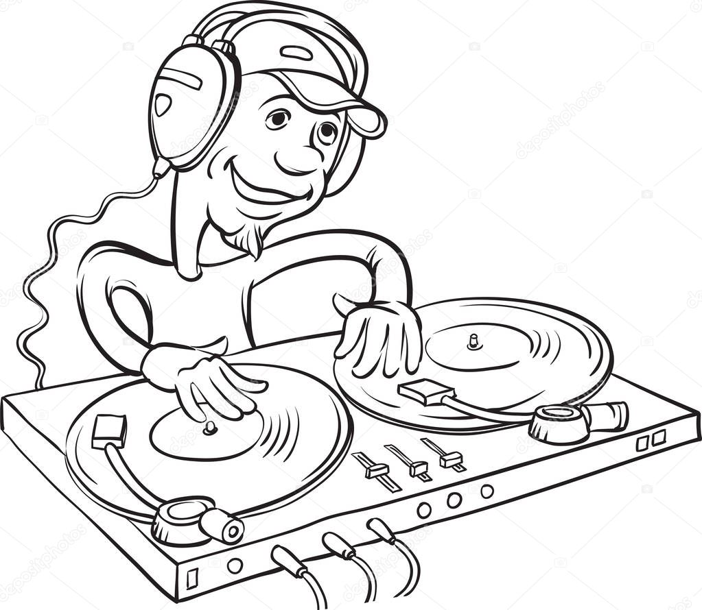 whiteboard drawing - DJ playing on a double turntable