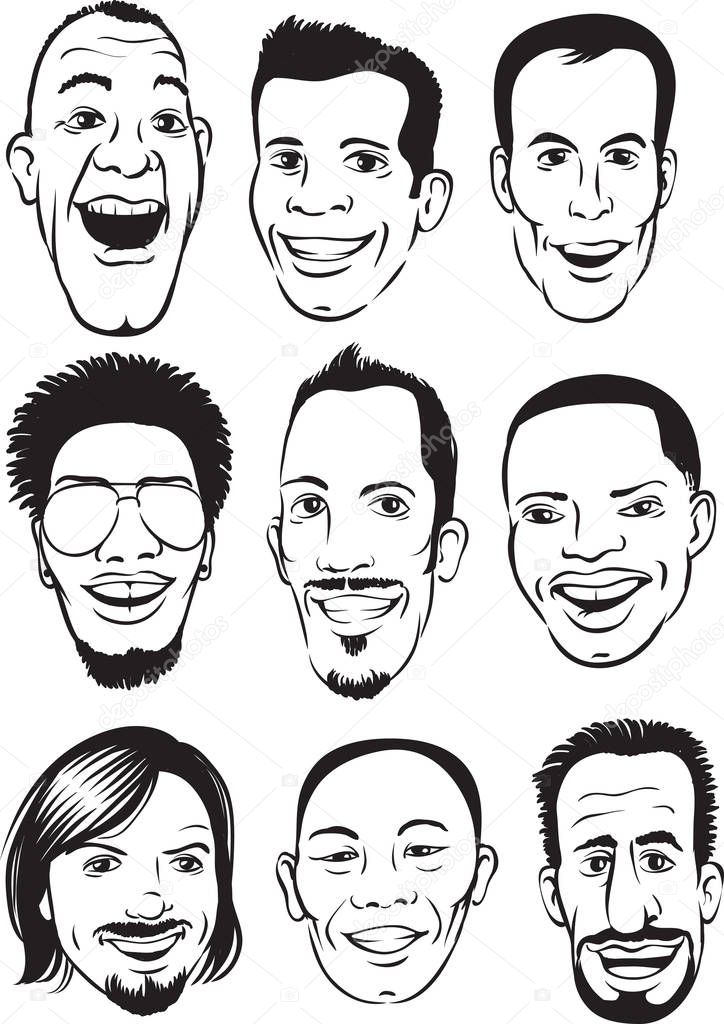 whiteboard drawing - happy men faces set