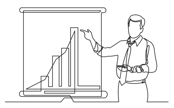 Continuous Line Drawing Business Coach Showing Increasing Marketing Diagram Presentation — Stock Vector