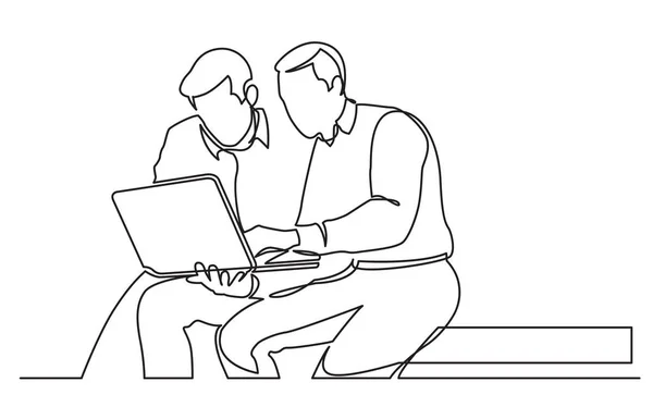 Dessin Ligne Continue Deux Hommes Discutant Tâche Travail Sur Ordinateur — Image vectorielle