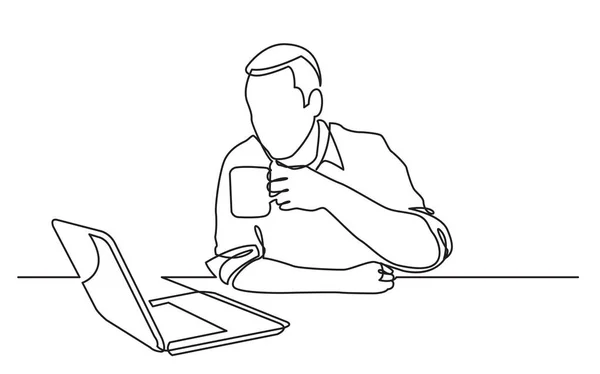 Linha Contínua Desenho Homem Sentado Assistindo Computador Portátil Beber Café — Vetor de Stock