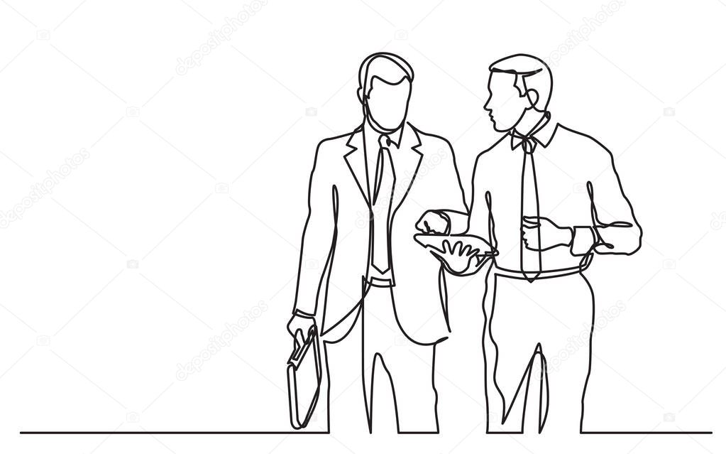 continuous line drawing of two businessmen walking discussing deal