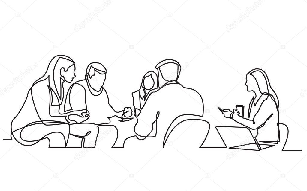 continuous line drawing of work team having meeting