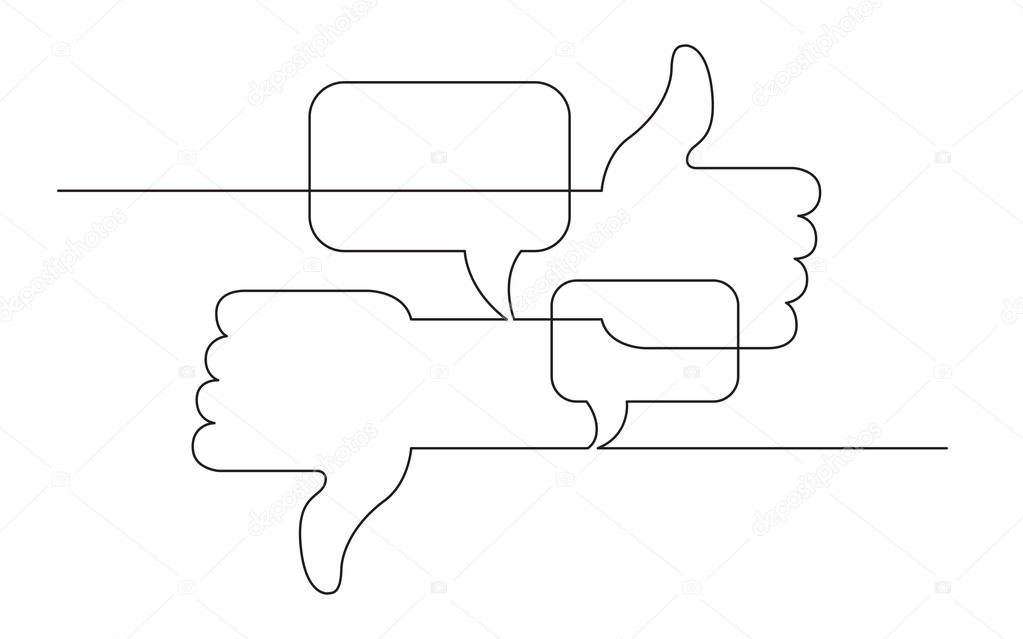continuous line concept sketch drawing of social media like, dislike and opinions symbols