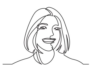 Beyaz arka plan üzerinde mutlu bir kadın portresi sürekli çizgi çizme