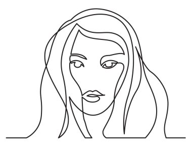 Beyaz arka plan üzerinde uzun saç modeli kadın portresi sürekli çizgi çizme