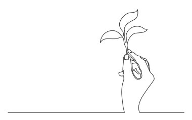 Continuous line drawing of hand holding growing plant vector Continuous line drawing of hand holding growing plant vector