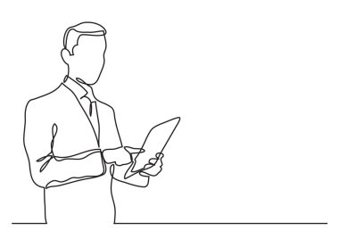 Tablet - sürekli çizgi çizme holding ayakta işadamı