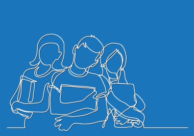 Üç ayakta okul çocukları ile kitap - sürekli çizgi çizme