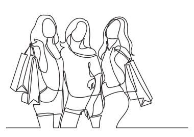 Üç mutlu kadın alışveriş - sürekli çizgi çizim