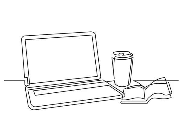 Dessin Ligne Continue Ordinateur Portable Tasse Café — Image vectorielle