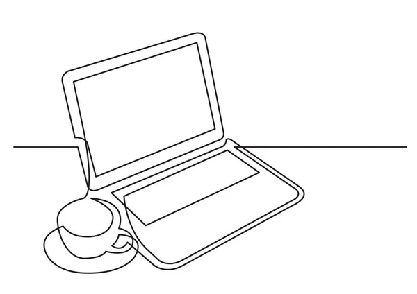 Dessin Ligne Continue Ordinateur Portable Tasse Thé — Image vectorielle