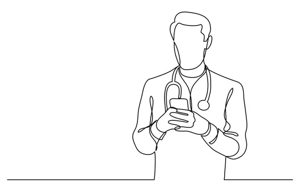 Continuous Vector Line Drawing Doctor Checking His Mobile Phone — Stock Vector