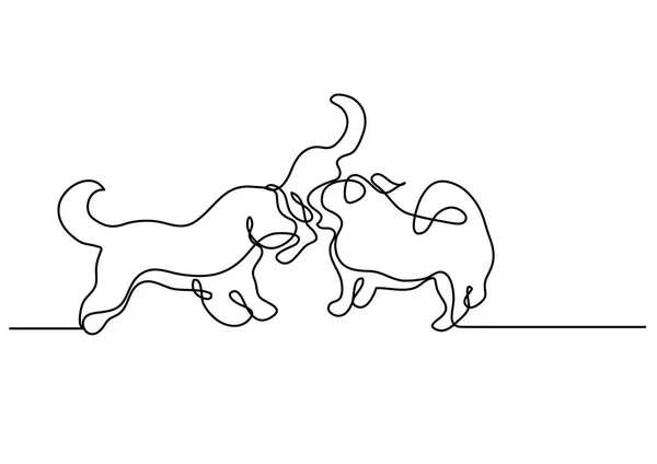 Línea Continua Dibujo Tres Perros Jugando — Vector de stock