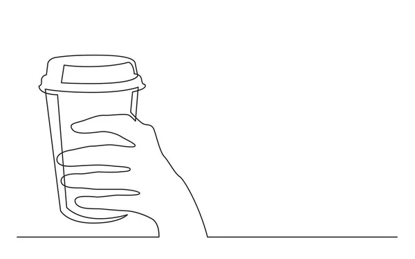 Kontinuierliche Linienzeichnung Der Hand Hält Tasse Kaffee Mit Deckel — Stockvektor
