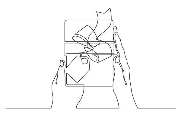 Desenho Linha Contínua Duas Mãos Segurando Caixa Presente Com Fita —  Vetores de Stock