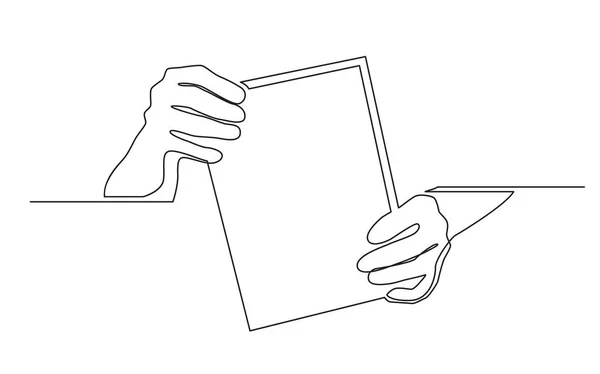 Непрерывное Рисование Двух Рук Держащих Чистый Лист Бумаги — стоковый вектор