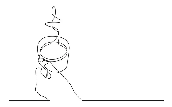ホット コーヒーのカップを持っている手の連続線の描画 — ストックベクタ