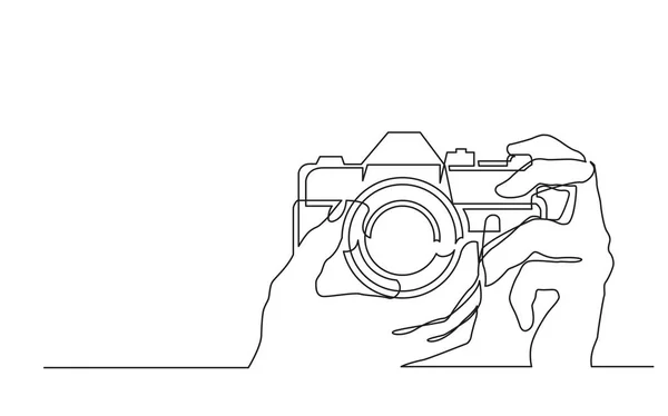 Continu Lijntekening Van Hand Hebt Fotocamera Foto Maken — Stockvector