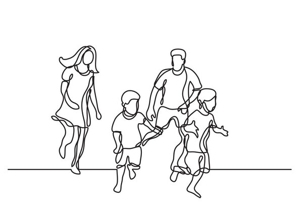 continuous line drawing of happy family having fun together