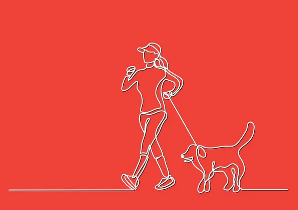 Dessin Ligne Continue Exercice Marche Femme Avec Chien — Image vectorielle