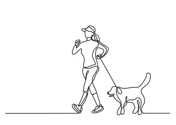 Desenho Linha Contínua Exercício Caminhada Mulher Com Cão —  Vetores de Stock