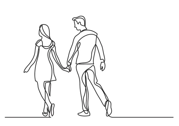 一緒に歩く若いカップルの連続線の描画 — ストックベクタ