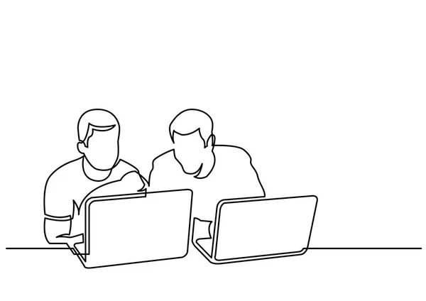 Dessin Ligne Continue Deux Hommes Assis Parlant Avec Des Ordinateurs — Image vectorielle