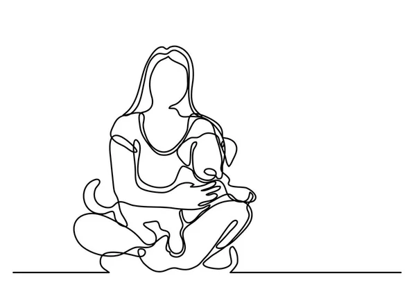 犬と座っている女性の連続線の描画 — ストックベクタ