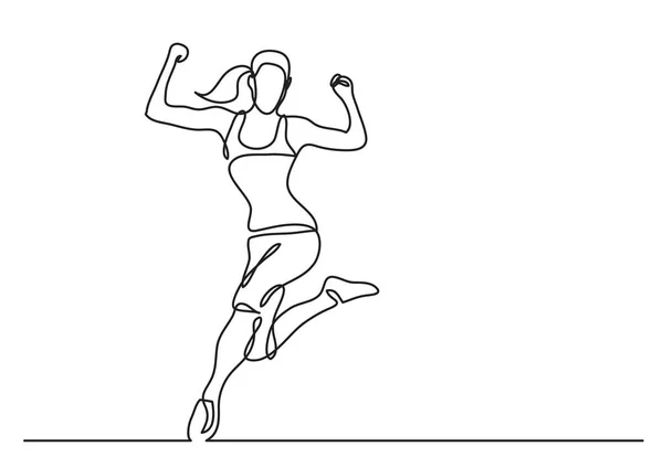 Continuous Line Drawing Happy Running Athlete Woman — Stock Vector