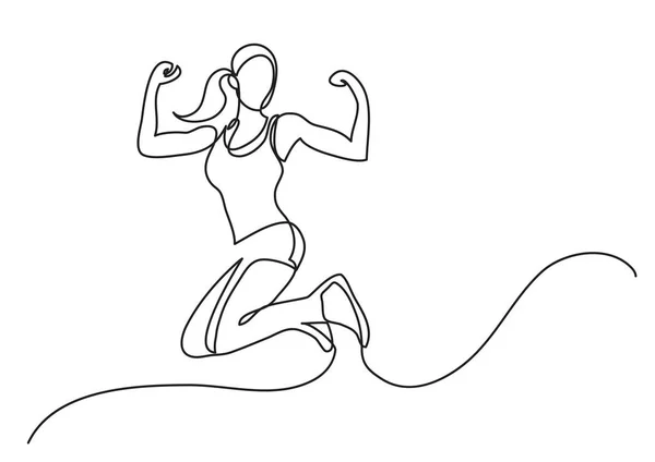 Continuous Line Drawing Happy Jumping Woman Athlete — Stock Vector