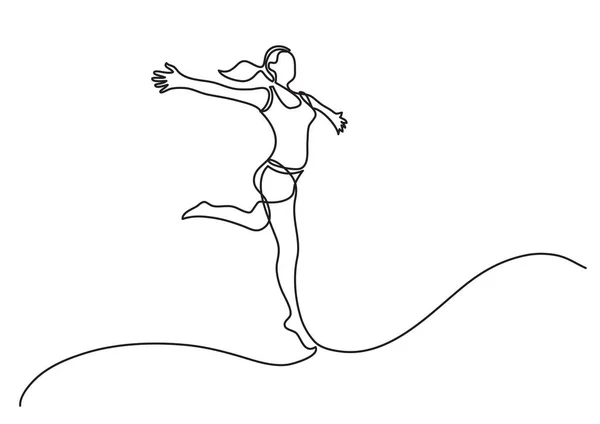 Continuous Line Drawing Woman Running Open Arms — Stock Vector