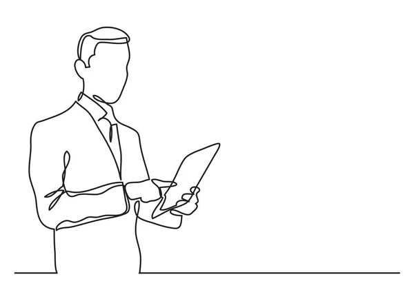 Staande Zakenman Holding Tablet Continu Lijntekening — Stockvector