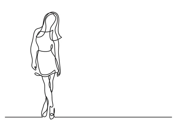 Young Woman Standing Continuous Line Drawing — Stock Vector