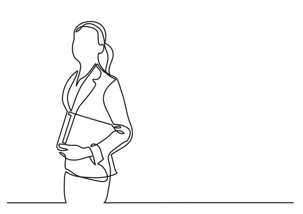 Επιχειρήσεων Γυναίκα Στέκεται Έγγραφα Συνεχή Γραμμικό Σχέδιο — Διανυσματικό Αρχείο