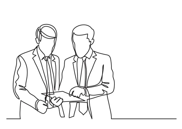 Two Standing Businessmen Discussing Work Problem Continuous Line Drawing — Stock Vector