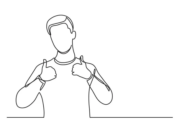 親指のアップの連続線の描画を示す幸せな若い男 — ストックベクタ