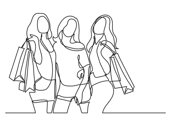 Drei Glückliche Frauen Beim Einkaufen Durchgehende Linienziehung — Stockvektor