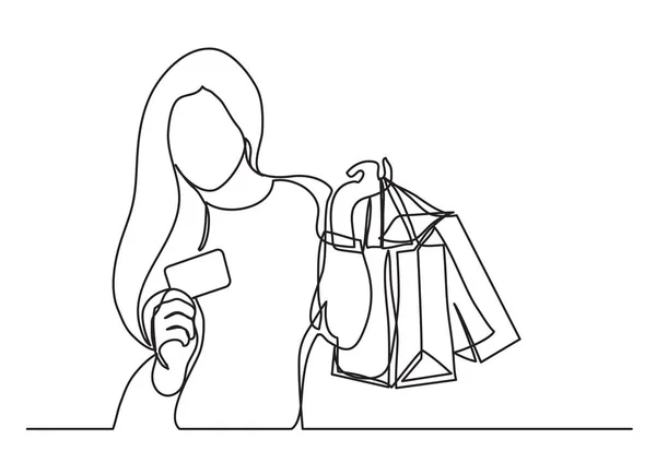 购物妇女与袋子和信用卡 单行图画 — 图库矢量图片