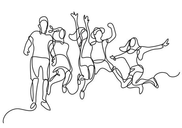 Continuous Line Drawing Happy Jumping Group Youth — Stock Vector