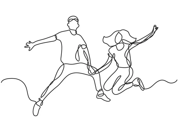 Continuous Line Drawing Happy Young Couple Jumping — Stock Vector