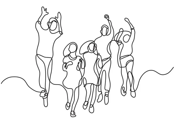 Kontinuerlig Linje Ritning Lycklig Hoppning Grupp Unga Barn — Stock vektor