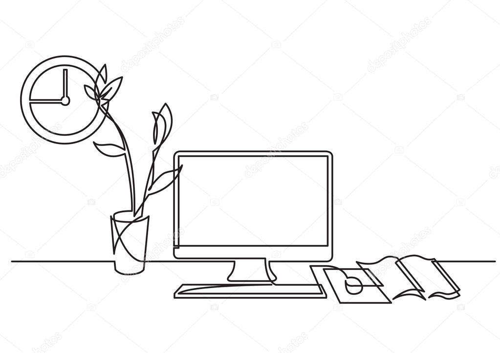continuous line drawing of work desk with computer and flower