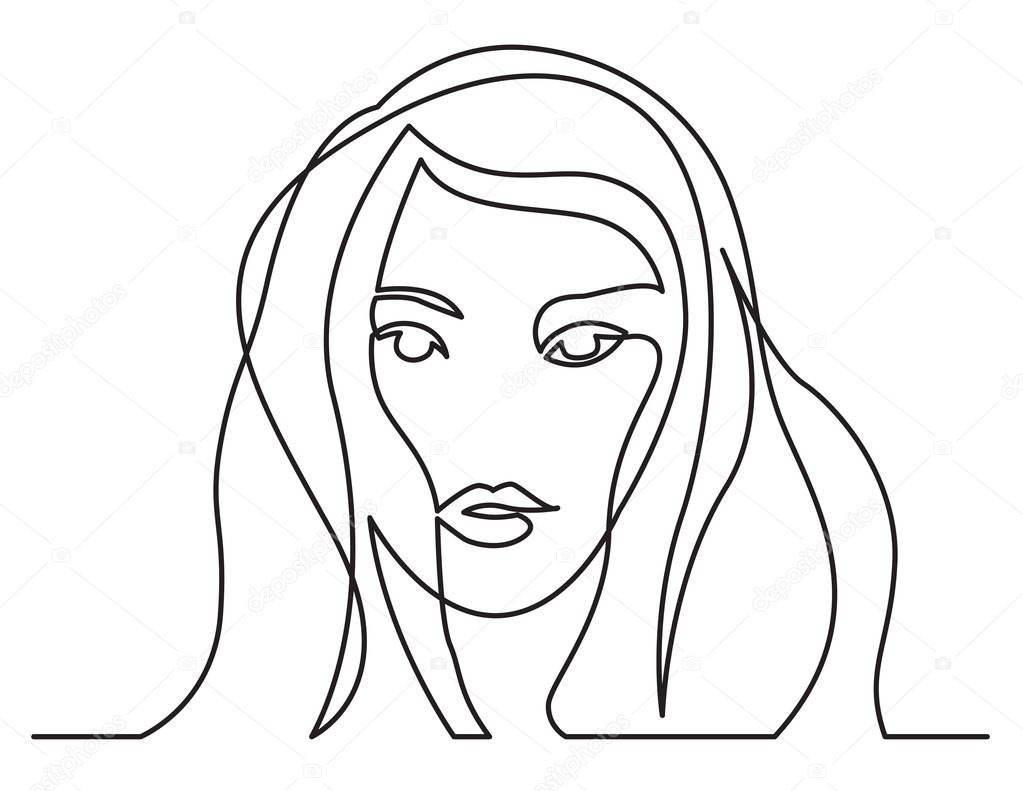 continuous line drawing of long hairstyle woman portrait on white background