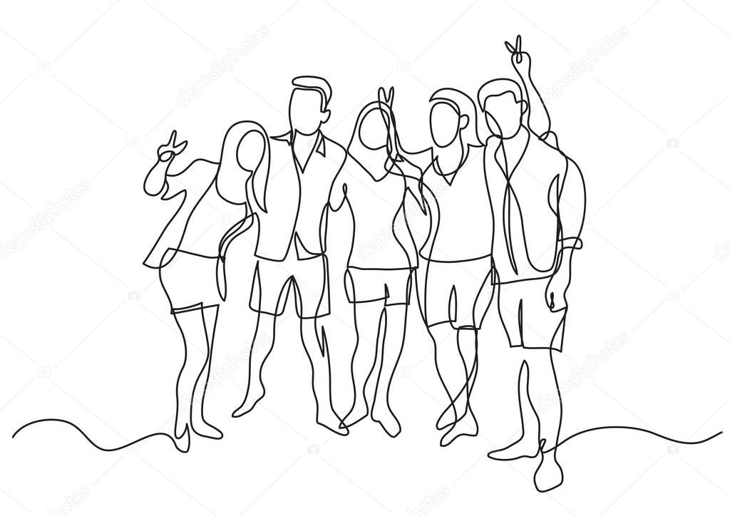 continuous line drawing of happy group of friends on beach