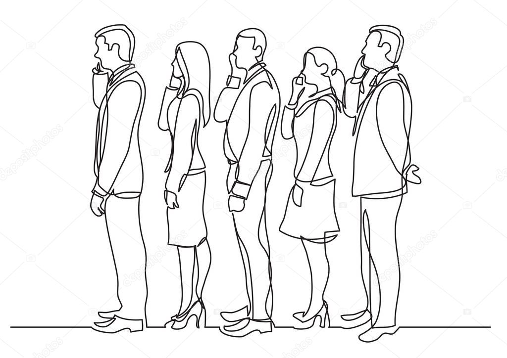 continuous line drawing of office workers standing in line making phone calls
