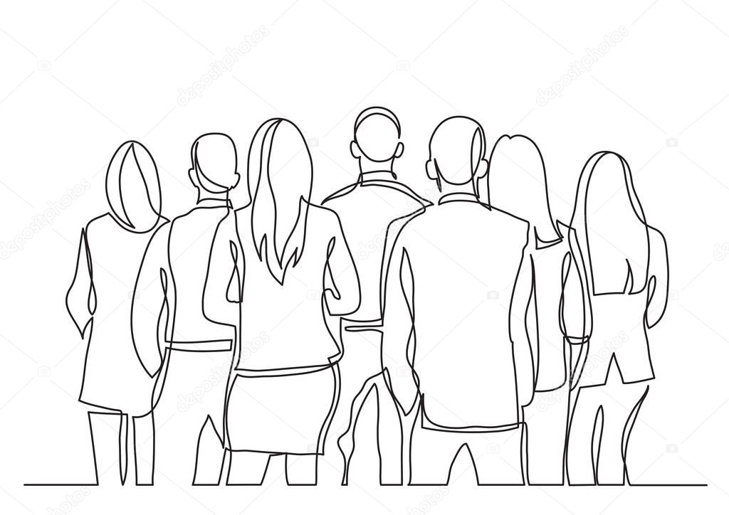 continuous line drawing of business standing with their backs turned